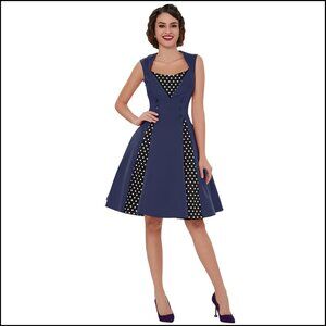 NWT Retro Style Fit & Flare Cocktail Dress, Navy/Polka Dot, XL